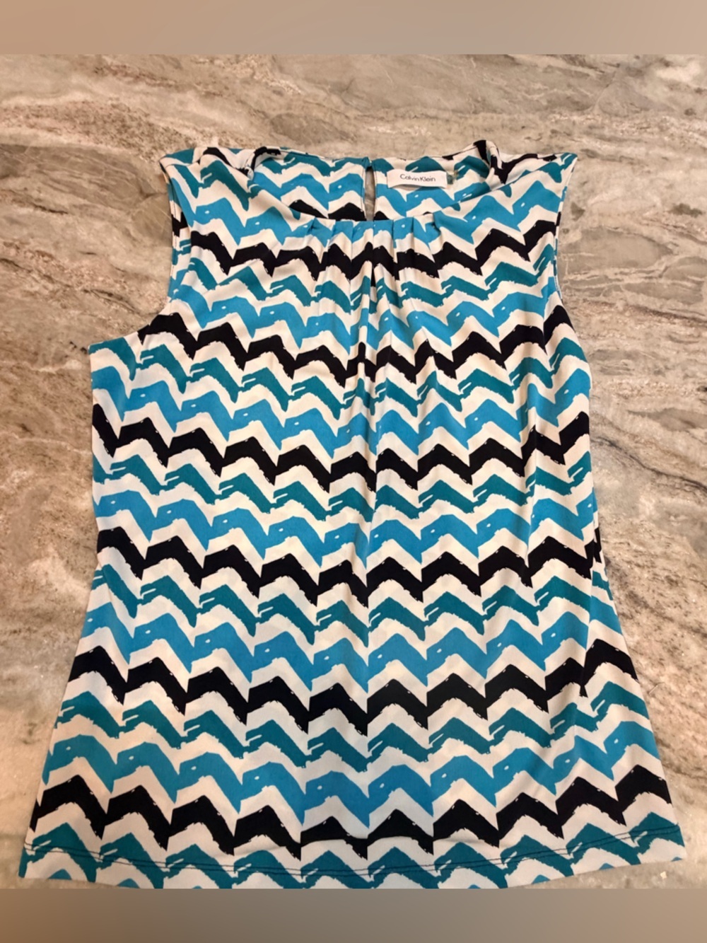 Calvin Klein Sleeveless Top Small Med Blue Black White Chevron Print Blouse